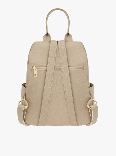Dunkelbeiger Rucksack mit goldenen Elementen
