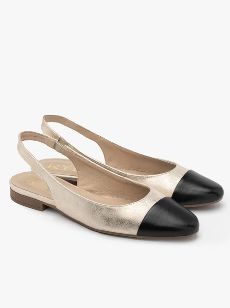 Platinfarbene Slingback-Ballerinas mit schwarzem Nasenriemen
