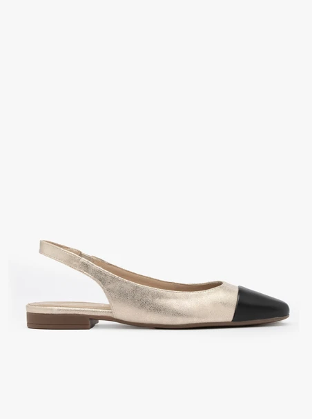 Platinfarbene Slingback-Ballerinas mit schwarzem Nasenriemen