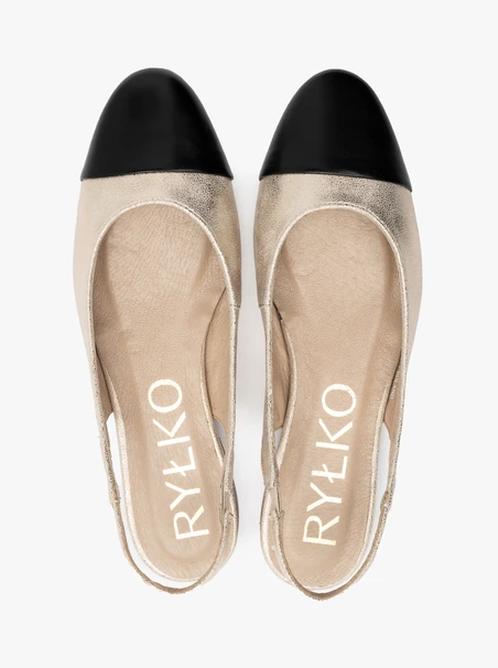 Platinfarbene Slingback-Ballerinas mit schwarzem Nasenriemen