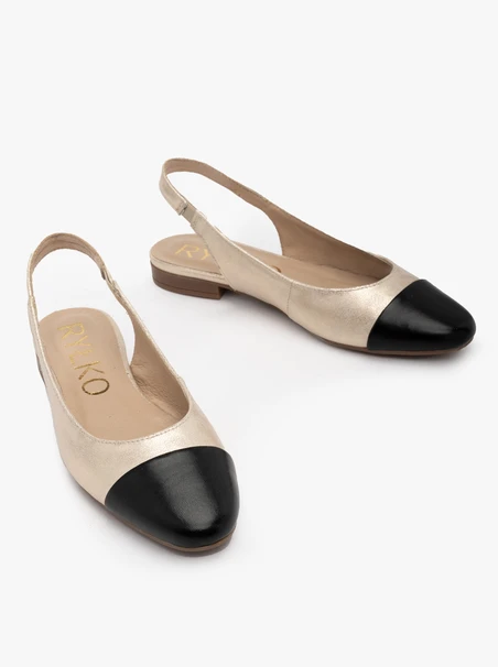 Platinfarbene Slingback-Ballerinas mit schwarzem Nasenriemen
