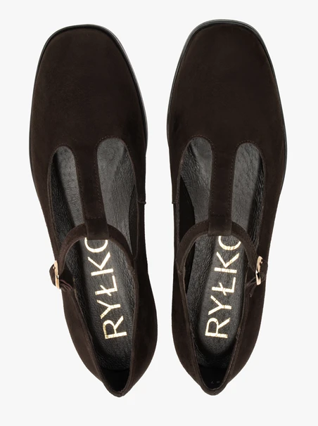 Dunkelbraune T-Bar-Ballerinas