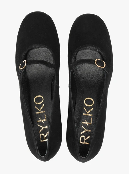 Schwarze Pumps mit Absatz und Riemen aus Veloursleder