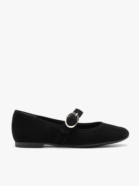 Schwarze Ballerinas aus Veloursleder mit großem Schnallenverschluss