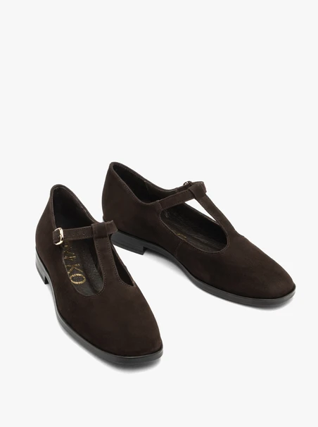 Dunkelbraune T-Bar-Ballerinas