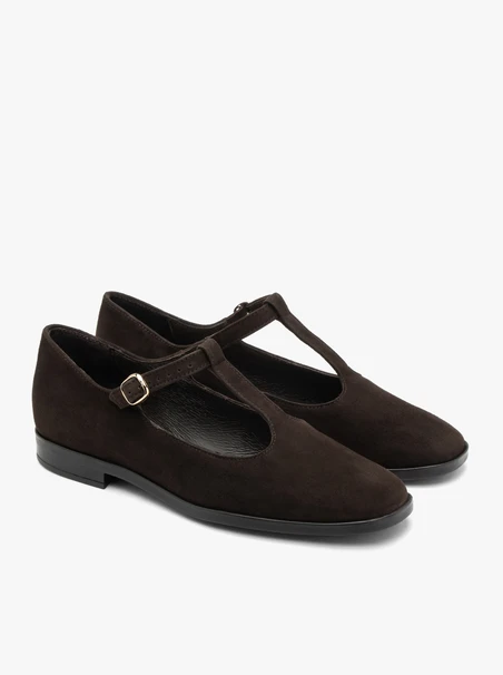 Dunkelbraune T-Bar-Ballerinas