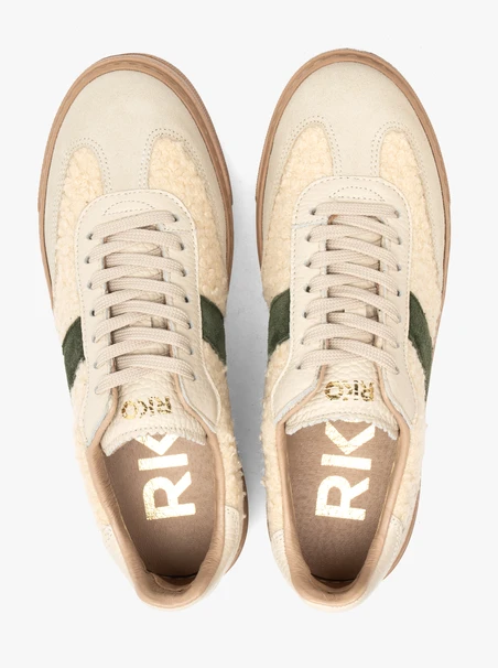 Creme-olive sportliche Halbschuhe zum Schnüren mit Kunstfell