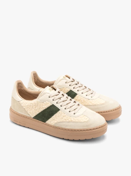 Creme-olive sportliche Halbschuhe zum Schnüren mit Kunstfell