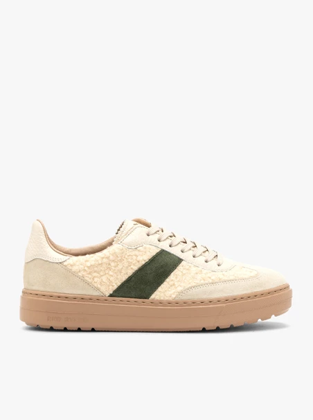 Creme-olive sportliche Halbschuhe zum Schnüren mit Kunstfell