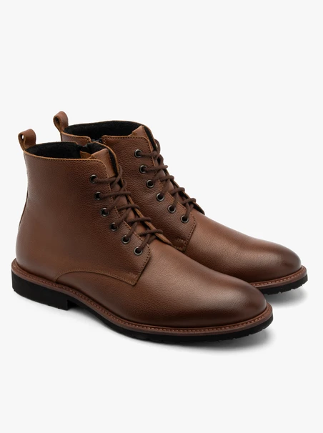 Braune Herren-Winterstiefel aus Vollnarbenleder mit Schnürung und Reißverschluss