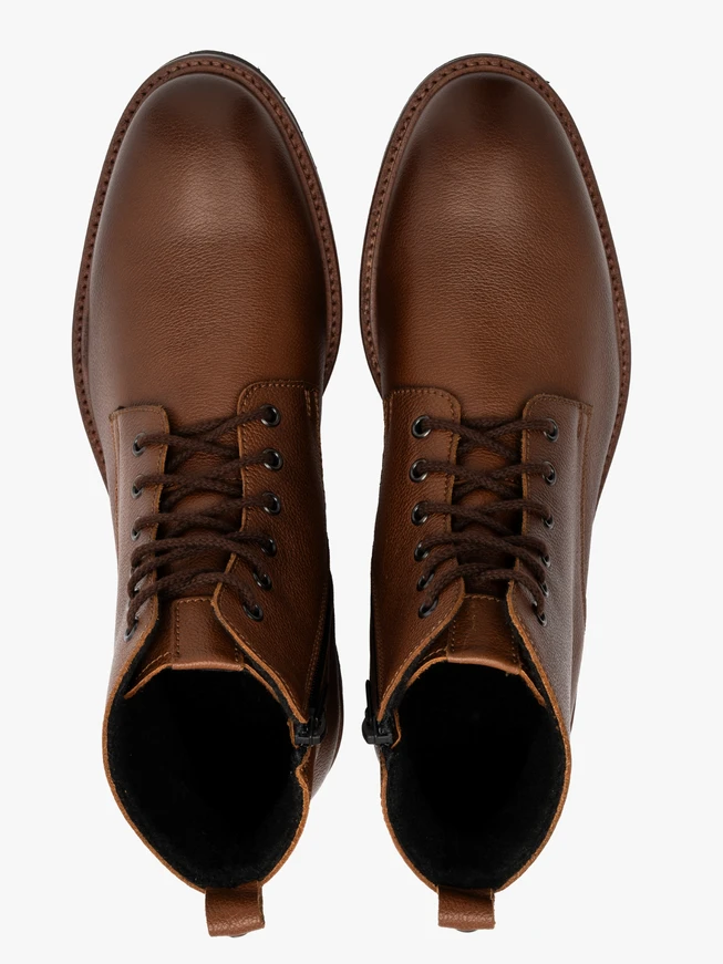 Braune Herren-Winterstiefel aus Vollnarbenleder mit Schnürung und Reißverschluss