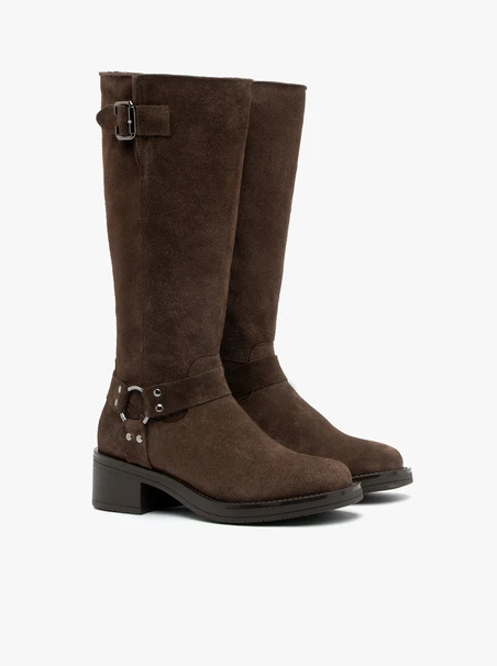 Braune Biker-Stiefel aus Veloursleder