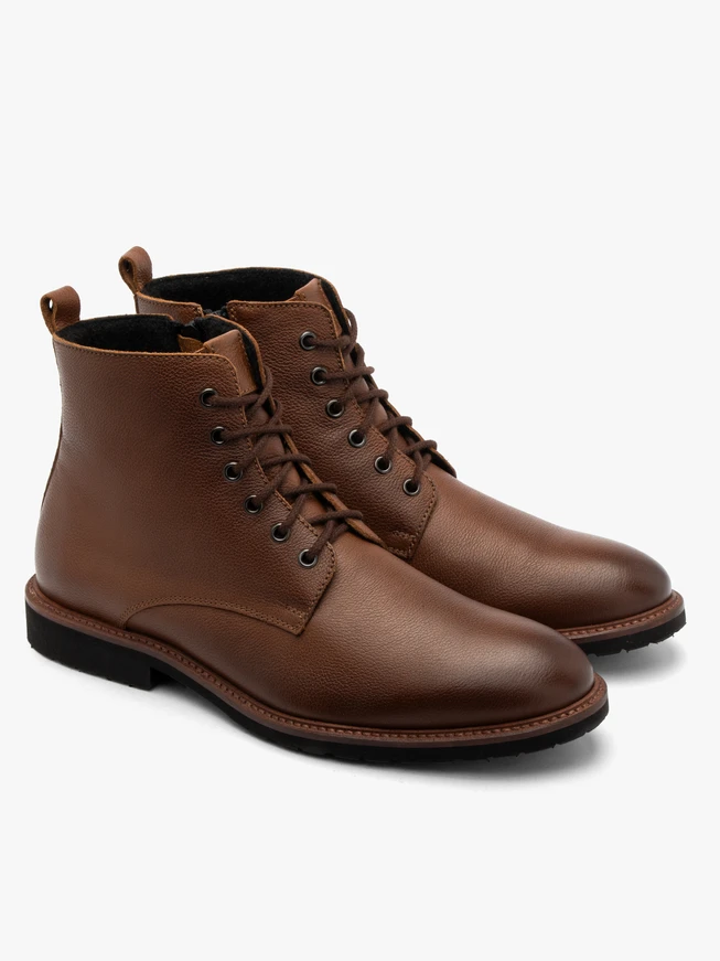 Braune Herren-Winterstiefel aus Vollnarbenleder mit Schnürung und Reißverschluss