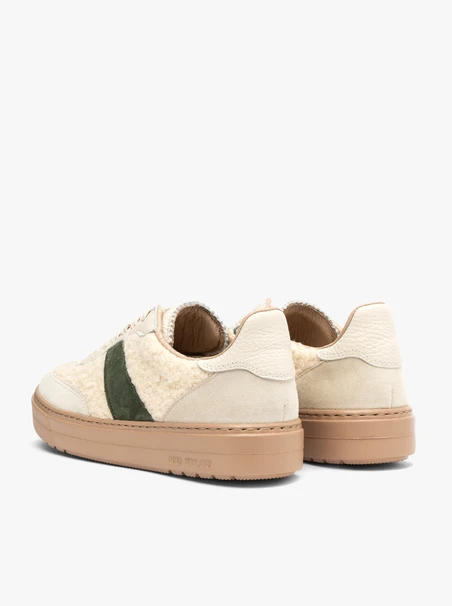Creme-olive sportliche Halbschuhe zum Schnüren mit Kunstfell