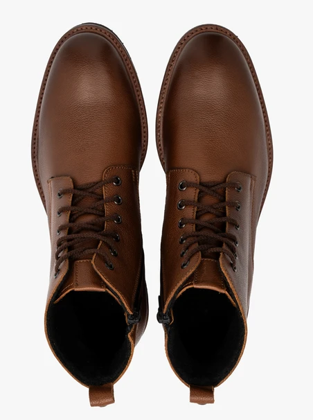 Braune Herren-Winterstiefel aus Vollnarbenleder mit Schnürung und Reißverschluss