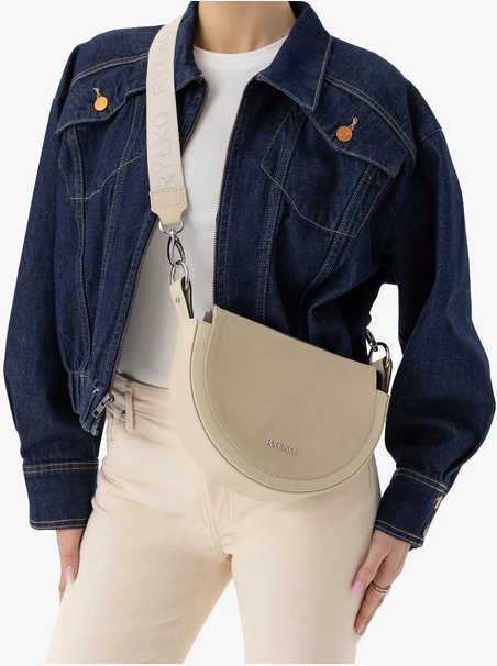 Cremefarbene, halbrunde Handtasche aus Leder und Velours