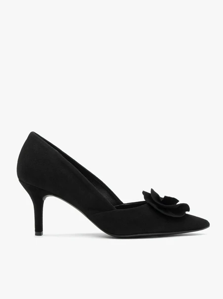 Schwarze Pumps aus Veloursleder mit Blumendetails