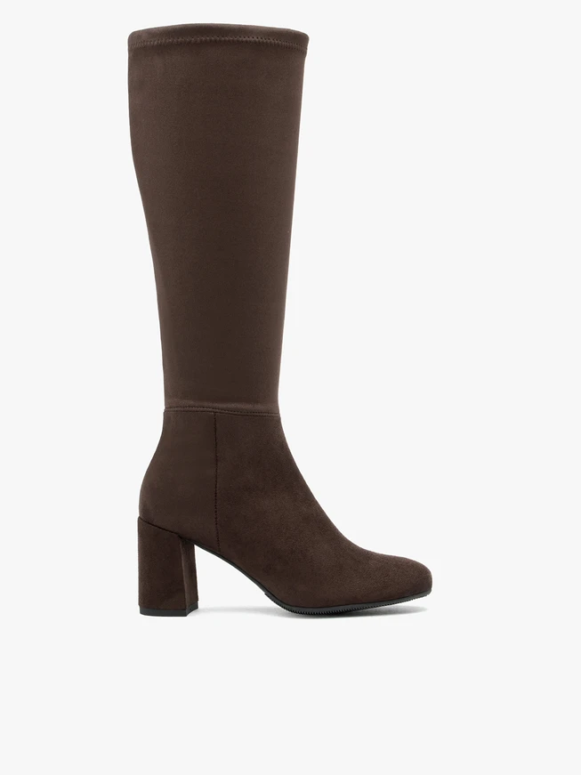 Dunkelbraune Stiefel mit breitem, elastischem Schaft
