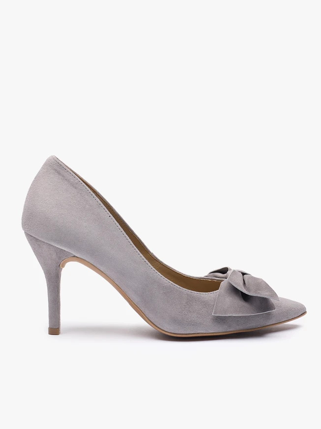 Hellgraue Stiletto-Schleifen-Pumps