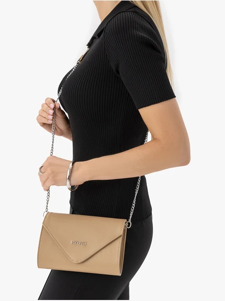 Dunkelbeige Leder-Clutch-Tasche mit Kettenriemen