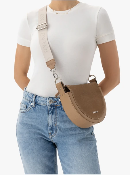 Hellbraune, halbrunde Handtasche aus Leder und Velours