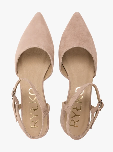 Taupefarbene absatzlose Slingback-Pumps mit Pfosten