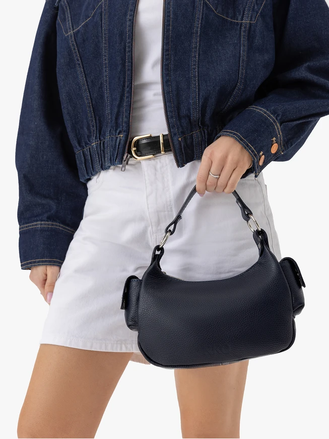 Marineblaue vollnarbige Lederhandtasche