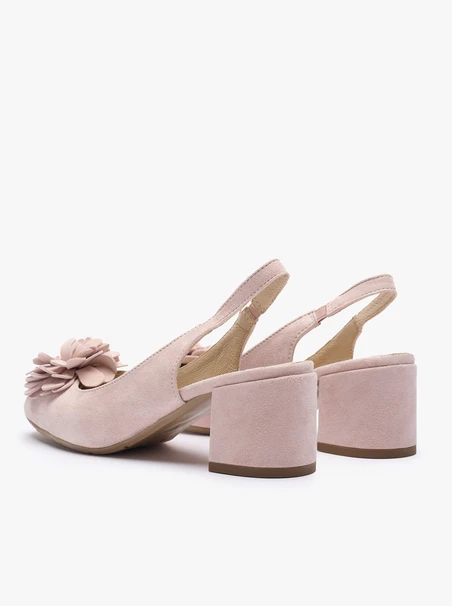 Hellrosa Slingback-Pumps ohne Absatz mit Blumenverzierung