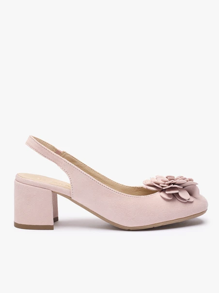 Hellrosa Slingback-Pumps ohne Absatz mit Blumenverzierung