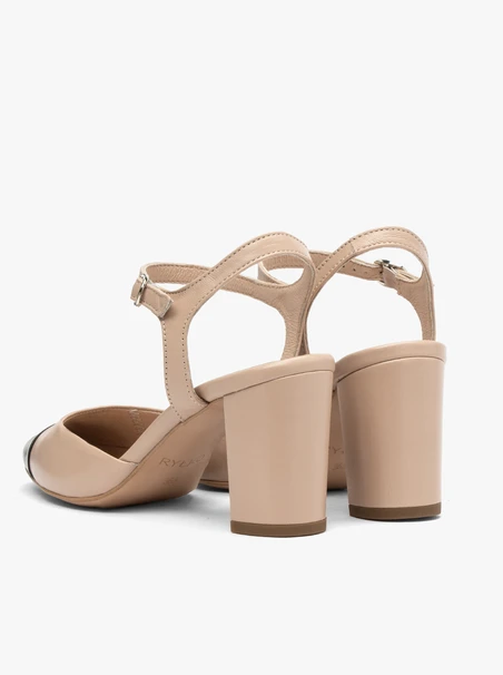 Beigefarbene und schwarze Damen-Pumps mit offenem Absatz