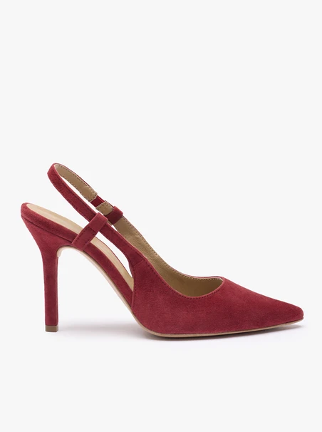 Kastanienbraune Slingback-Pumps aus Veloursleder ohne Absatz