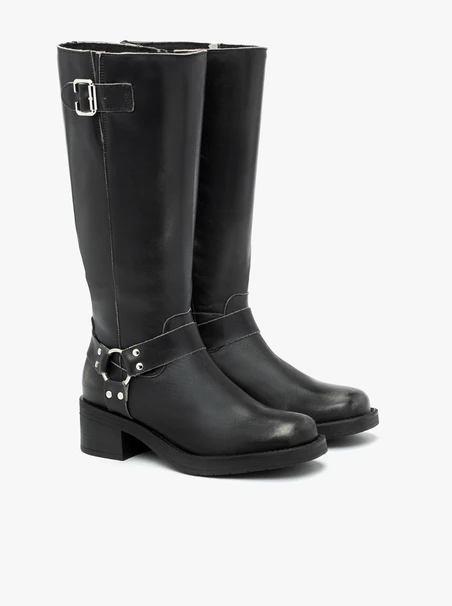 Schwarze Biker-Stiefel aus genarbtem Leder