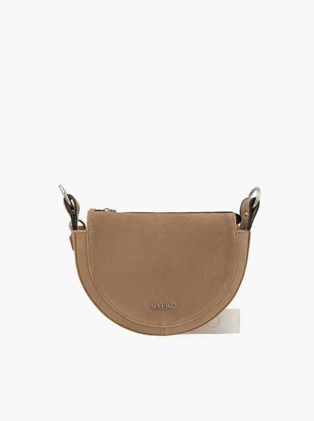 Hellbraune, halbrunde Handtasche aus Leder und Velours