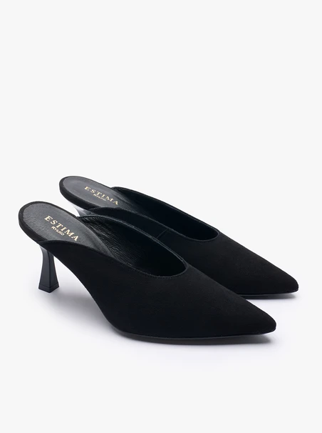 Schwarze Flare-Flip-Flops aus Veloursleder mit Absätzen