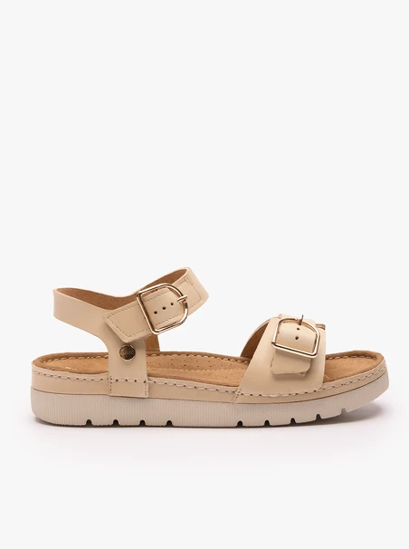 Beigefarbene Sandalen mit dickerem Boden und zwei Riemen