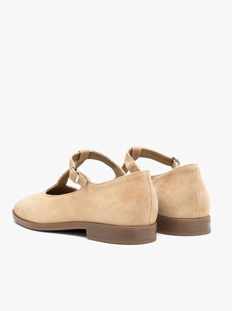 Beigefarbene Ballerinas mit T-Bar-Riemen