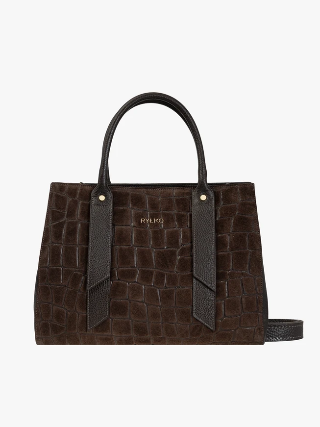 Dunkelbraune große Handtasche mit Krokodilledermuster