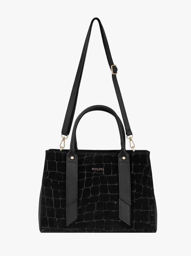 Schwarze große Handtasche mit Krokodilledermuster