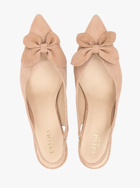Rosa Slingback-Pumps ohne Absatz mit Blumenverzierung