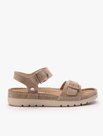 Dunkelbeige Sandalen auf einem dickeren Boden mit zwei Riemen