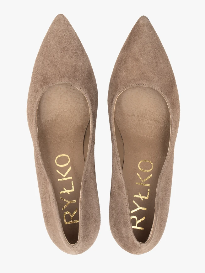 Beigefarbene Velourslederpumps mit Stilettoabsatz