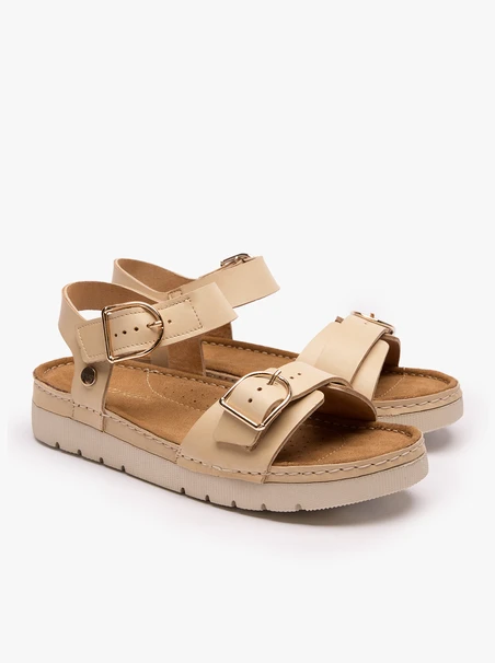 Beigefarbene Sandalen mit dickerem Boden und zwei Riemen