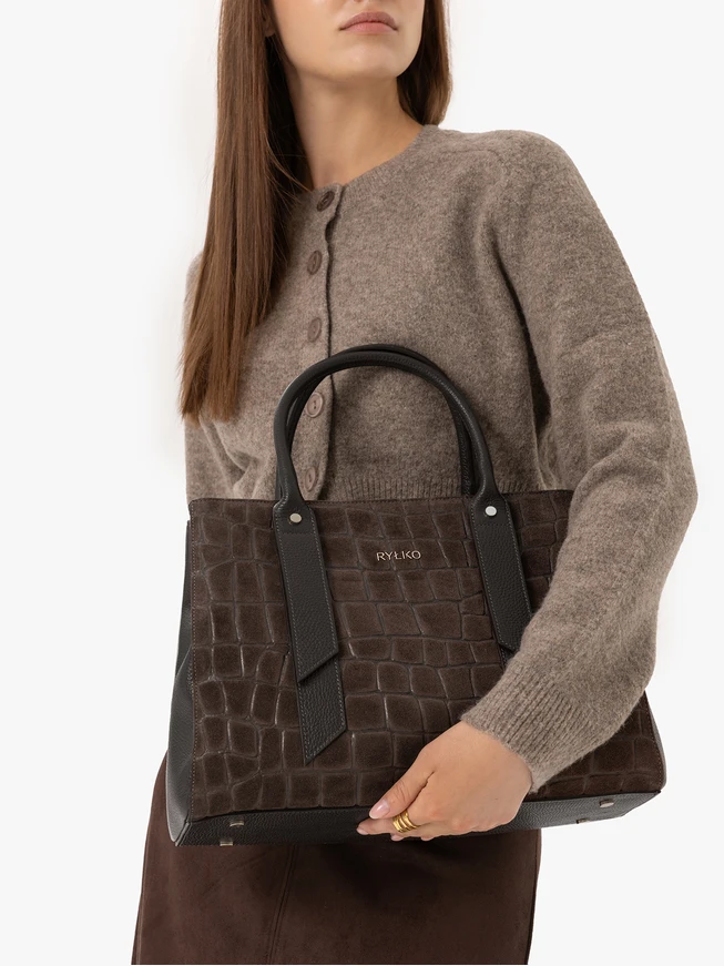 Dunkelbraune große Handtasche mit Krokodilledermuster