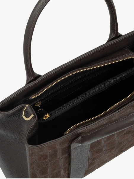 Dunkelbraune große Handtasche mit Krokodilledermuster