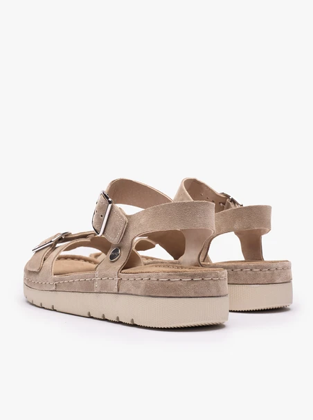 Dunkelbeige Sandalen auf einem dickeren Boden mit zwei Riemen