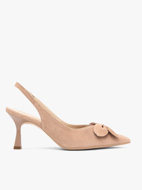 Rosa Slingback-Pumps ohne Absatz mit Blumenverzierung