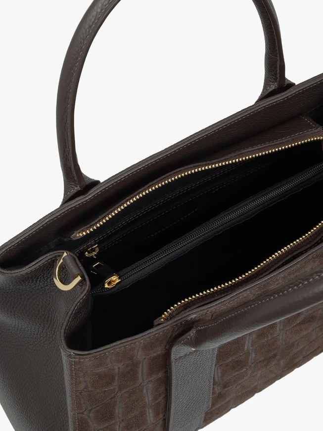 Dunkelbraune große Handtasche mit Krokodilledermuster
