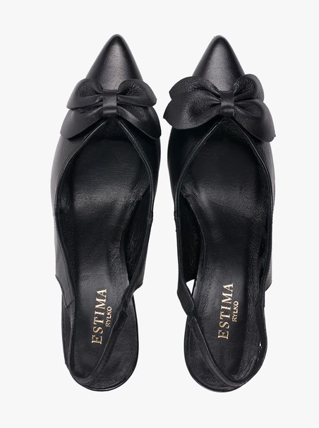 Schwarze absatzlose Slingback-Pumps mit Blumenverzierung