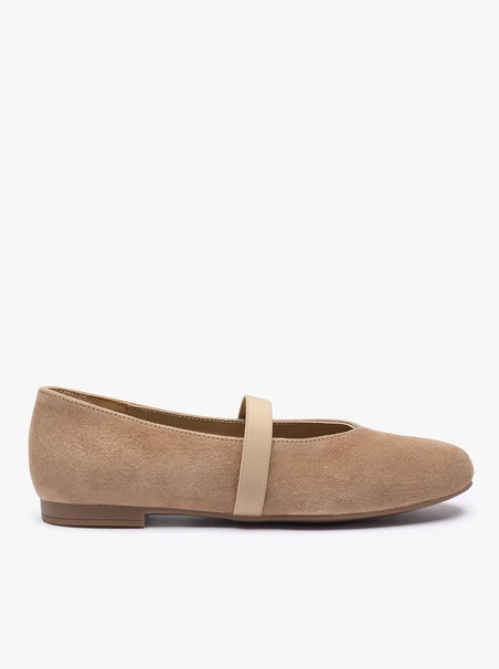 Hellbraune Velours-Ballerinas mit Riemen