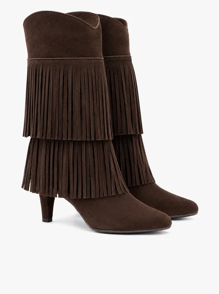 Dunkelbraune Stiefel mit Fransen